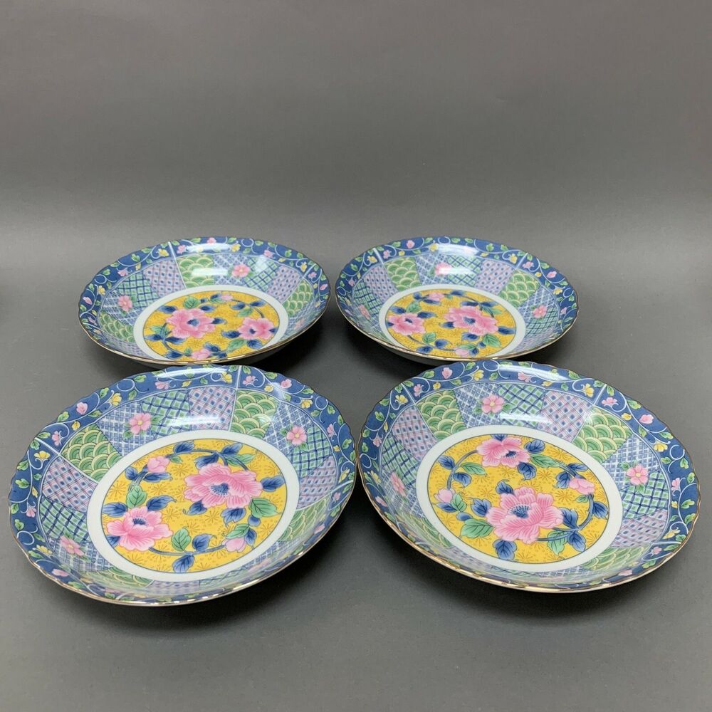 Gump's Botan Soup‎ Cereal Bowls Blue Yellow Pink Multi-color Floral Flowers Lot